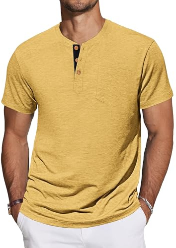 TARAINYA Henley T-Shirts Herren Baumwolle Shirt Kurzarm Einfarbig Basic Tee Männer Sommer mit Tasche Gelb 2XL