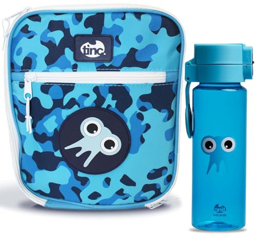 Tinc Kids Insulated Lunch Bag + Flip & Clip Water Bottle for Boys & Girls - Adjustable Strap + Bottle Holder | Water Resistant Leakproof Cooler Bag for School or Home - Tonkin, Camo Blue
