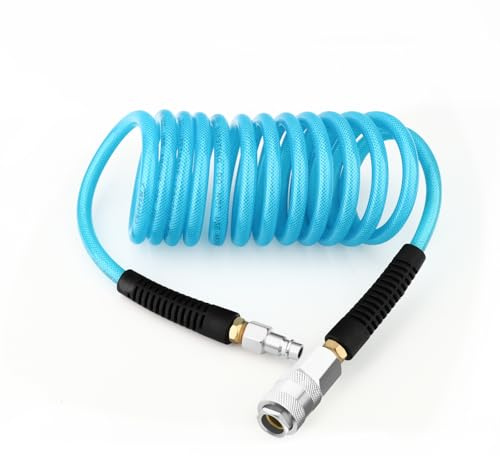 GASHER 1/4 x 3M Polyurethane Recoil Air Hose 6mm with Bend Restrictor, 1/4 Europe Quick Coupler and Plug, for Air Compressor, Blue