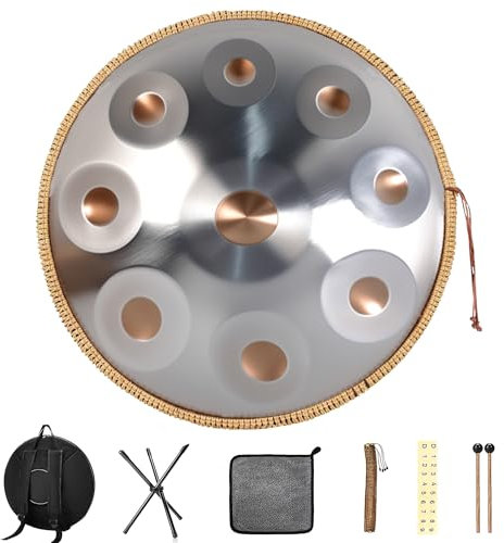 Handpan Drum, Handpan Instrument, 22 Zoll Steel Tongue Drum mit Schlägeln, Handpans Ständer und Stofftasche, Hand Pan, 440 Hz (Silber, 9 Töne)