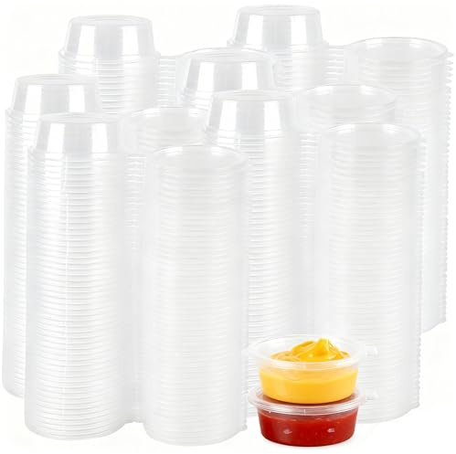 MUKSUET 300PCS 2oz Clear Round Plastic Sauce Cups with Lids, Hinged Leakproof Containers for Takeaway, Restaurants, Catering, Ketchup, Dip, Salad Dressing, Slime, Wax Melts, Chutney