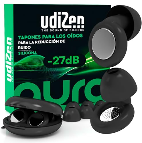 Ohrstöpsel mit Geräuschunterdrückung für Schlafen Reisen Lernen UdiZen -27dB Aura - 1 Paar ergonomische Wiederverwendbare Ohrstöpsel Geräuschreduzierung SNR 27dB mit Hartschalenkoffer Farbe Schwarz