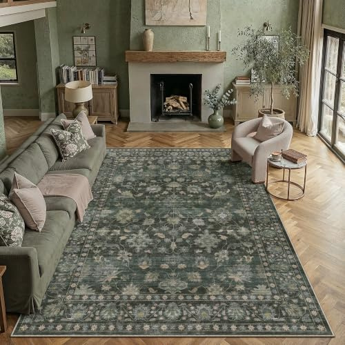 PureCozy Teppich Wohnzimmer 300x400cm Waschbarer Teppiche,Grün | Blumenmuster,Waschbar, Rutschfest, Kurzflor, Weich, Schlafzimmer, Esszimmer, Büro, Flur, Kinderzimmer