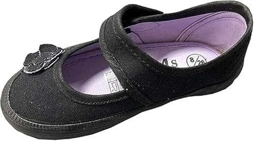 INSAFIANS Girls School Pumps Black Touch Fastening Flower Plimsolls Ballet Style Flats PE Uniform Wear