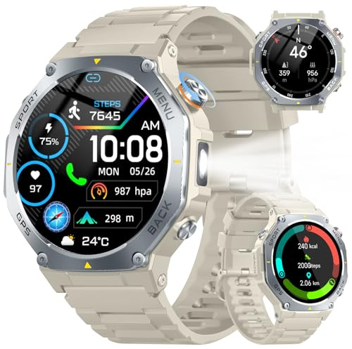 Montre Connectée Femme Intégrés GPS, 1.43 HD AMOLED Montre Femme Podometre Cardiofréquence SpO2 Sommeil, 5ATM Étanche Smartwatch Appel Bluetooth, 160+ Modes Motre Sport Compass/Torche LED/Altimètre