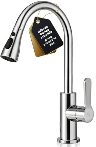 ZALEZ - Grifo Cocina Extraible - Grifo Cocina Fregadero con 3 Modos Giratorio 360° - Acero Inoxidable 304 con Torneira Cozinha - Cabezal Rociador de ABS Fregadero Cocina - Ahorro de Agua 30%.