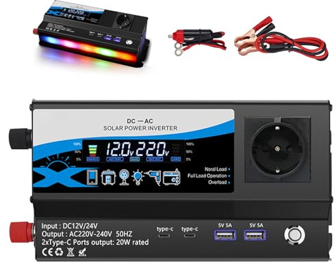 Inversor 1200W 12V/24V a 220V, Convertidor de Corriente para Coche