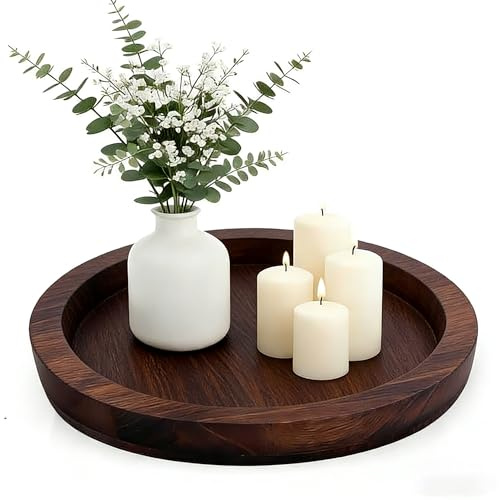 Round Decorative Wooden Candle Holder Plate Centerpiece Rustic, Wood Tealight Pillar Plates Wooden Candle Holder Trays for Kitchen Counter Home Living Room Decor（Charcoal color）