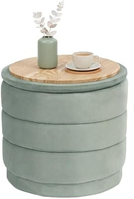 Bonlife Storage Ottoman Round - Folding Foot Rest with Hidden Storage, Sage Velvet 39x39x37cm for Living Room, Bedroom & Hallway