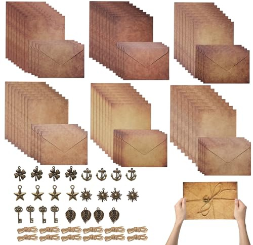 120 Stück Umschläge Antik Briefpapier mit Umschlag Set, 24 Vintage Kraftpapier Umschläge, 48 Briefpapier, 24 Retro Schlüsseln, 24 Hanfseilen