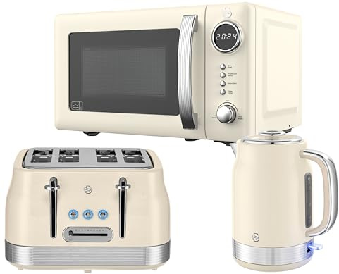 Swan Retro Revive Cream Kitchen Appliance Bundle – 1.7L Rapid Boil Kettle, 4 Slice Toaster & 800W 20L Digital Microwave, Retro Gloss Finish with Chrome Accents