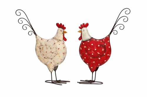 Logbuch-Verlag Deko Hühner Metall 2er Set 25 cm - Huhn Figuren Gartendeko mit Punkten in Rot und Creme - Frühlingsdeko Osterdeko für Garten, Balkon oder Küche