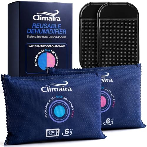 Climaira™ Car & Home Dehumidifier Bags x2 | 350g Moisture Absorber for Car to Prevent Condensation & Foggy Windscreens | Reusable & Rechargeable, Anti-Slip Pads Included, For Vehicles & Home Use