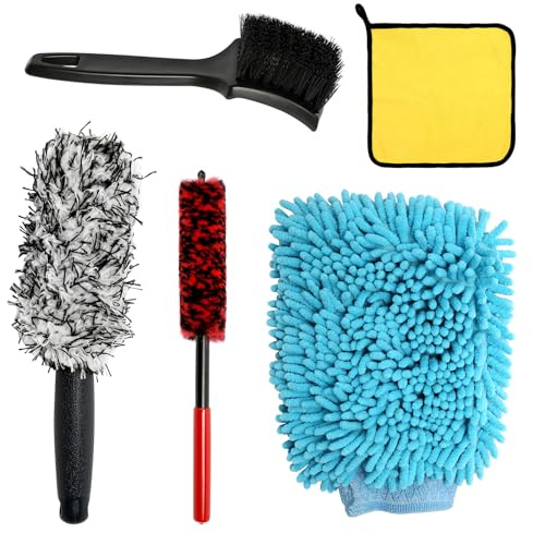 Yoicn Lth Juego de limpieza de llantas de coche, cepillo de microfibra, cepillo de neumáticos, guantes de lavado y paño para exterior, moto y bicicleta