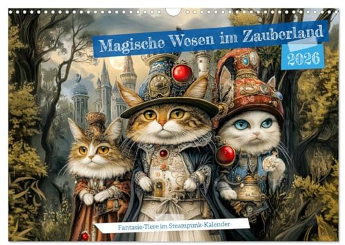 Magische Wesen im Zauberland - Fantasie-Tiere im Steampunk-Kalender (Wandkalender 2026 DIN A3 quer), CALVENDO Monatskalender: Steampunk-Charme trifft Märchenzauber (CALVENDO Tiere)