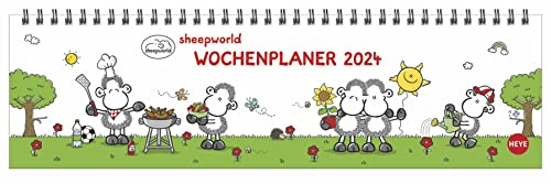sheepworld Wochenquerplaner 2024. Praktischer Tischquerkalender mit Spiralbindung und niedlichen Schaf-Cartoons. Liebevoll illustrierter Tisch-Kalender.