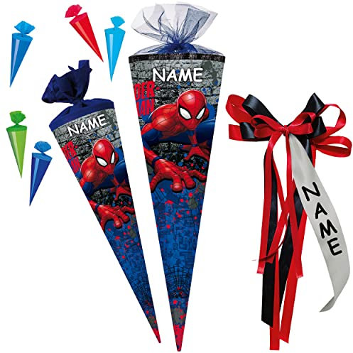 alles-meine.de GmbH Set Schultüte + 5 kleine Zuckertüten - Spyderman/Spyderman - 70 cm - rund - incl. Name und individueller großer Schleife - Filzabschluß - Zuckertüte -..