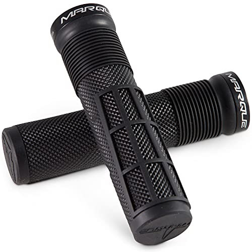 MARQUE Race Mountain Bike Handlebar Grips – Single Lock-On Ring Collar MTB and BMX Bicycle Handle Bar with Non-Slip Grip, Knurly Gritty Pattern and Half Waffle Pattern (Black)