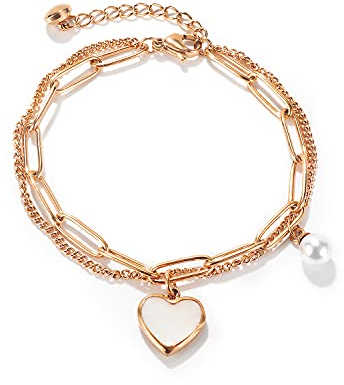 OSTAN Damen Armband Edelstahl Armbänder mit Herz Anhänger (Herz Anhänger roségolden)