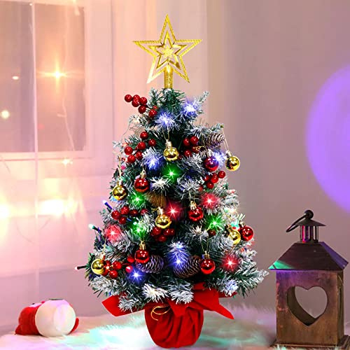Tabletop Mini Christmas Tree with Hanging Ornaments, Battery Operated Artificial Christmas Tree, Small Xmas Tree with LED String Lights