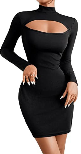 SOLY HUX Bodycon Kleid Damen Langarm Minikleid Cut Outs Kleider Herbst Partykleid Bleistift Kurzkleid Freizeitkleid Schwarz L