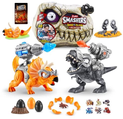 ZURU Smashers Dino Island T-Rex Battles - Blaue Triceratops, 50+ Überraschungen, Sammelbarer Dinosaurier, Überraschungssand-Verbindungen (Blau)