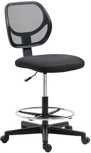 Vinsetto Drafting Chair with Adjustable Footrest, Swivel Mesh Office Chair with Curved Back, Adjustable Height for Standing Desk, Black