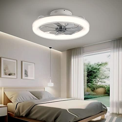 CHANFOK 20'' Ceiling Fans with Lights, Flush Mount Ceiling Fan with Dimmable Lights and 6 Speeds Reversible Blades, Low Profile Ceiling Fan with Light and Remote, App Control (White)
