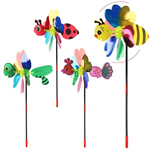 Windrad Kinder, ACTOYS 4 Stück Windrad Garten,Windmühle Tier, Windrad Bunt, 3D Windmühle, Windräder Spielzeug, Kunststoff Windrad, Windrad Deko, Windmühle Biene, Marienkäfer, Libelle, Pfau