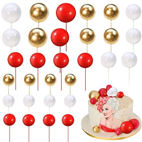 Xsstarmi 30 PCS Mini Balloon Cake Topper Foam Ball Cake Picks Decorations Faux Pearl Balls DIY Cake Insert Topper Decoration for Baby Shower Wedding Anniversary Birthday Party Supplies Red Gold White