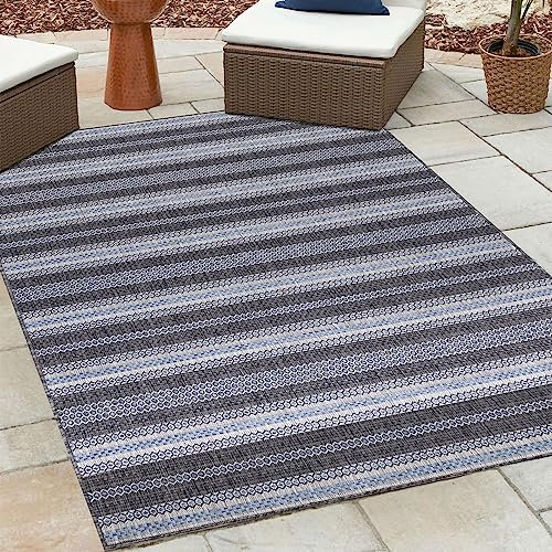 HomebyHome Outdoor Läufer Wetterfest 80x250 cm Sisal Optik Streifen Design Läufer Schwarz - Balkon Teppich Wasserfest Küchenläufer - Für Garten, Terasse, Camping, Außenbereich Teppich