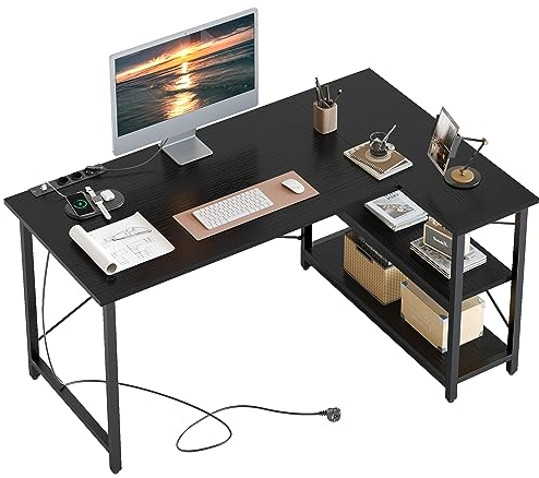 Bestier Schreibtisch L Form Computertisch mit 3 Steckdosen und 2 USB Ladeanschluss 120CM Bürotisch mit Ablagefächern Reversibel Eckschreibtisch mit Regalen für Heimbüro Kleiner Raum Schwarz