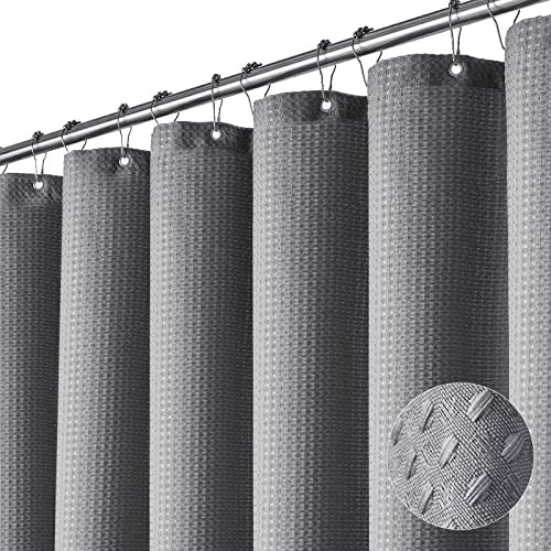 Dynamene Rideau de douche en tissu épais et lourd à tissage gaufré pour salle de bain, hôtel, spa – 152 x 213 cm de long – Rideau de douche de luxe neutre et robuste avec 10 crochets – Gris/gris