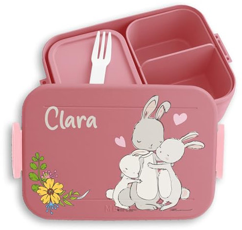 Kinder Bento Box Midi Lunchbox für Mepal Bentobox - Hasenfamilie Hase Hasen Rabbit - 900 ml - Rosa - brotdose jausenbox mädchen schule bunny personalisierte kindergarten geschenke jausen name