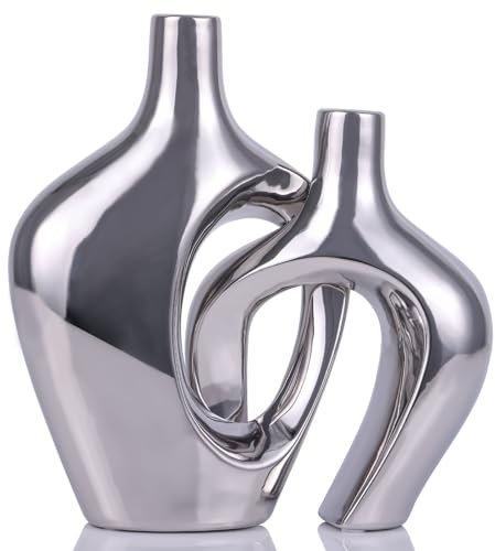 Set di 2 vasi in ceramica cavi color argento - Vasi per decorazioni per la casa in stile contemporaneo, vasi di Pampa, soggiorno, ufficio, ingresso, matrimonio, percorso, centrotavola da tavolo