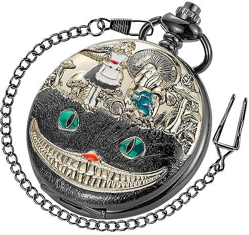 Tiong Alice im Wunderland Taschenuhr Alice Zifferblatt Römische Ziffern Quarz Taschenuhren mit Kette Weihnachten Geburtstag Geschenke, 43 - Schwarz, Retro