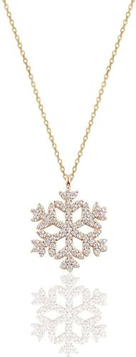 Einzelstück® Halskette mit Schneeflocken Anhänger 925 Silber I 14K Gold & Roségold Zirkonia Steine I Damenkette I Silberkette Collier Snowflake Weihnachten (Snowflake Silber Halskette)