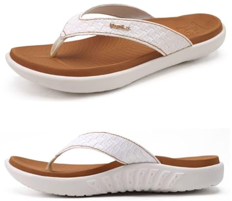 KuaiLu Khaki Weiß Flip Flops Damen Leder Zehentrenner mit Arch Support für Sommer Beach Frauen Bequeme Yoga Mat Tanga Sandalen für Plantar Fasciitis Größe 41EU