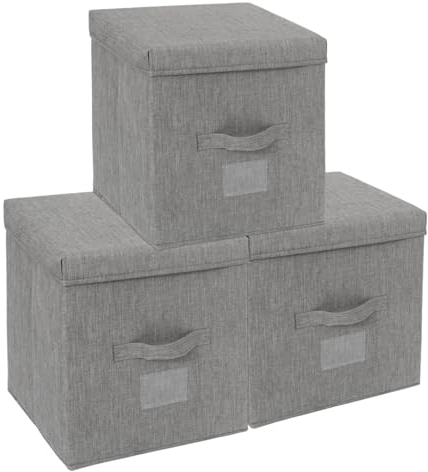 Augfox Set of 3 Kallax Storage Boxes - Stylish Storage Cubes, Photo Storage Boxes, Durable Storage Boxes with Lids for Clothes, Books, and Toys (Dark Grey, 32x32x32cm)