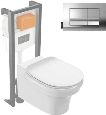 Jacob Delafon Pack WC Suspendu sans Bride à économie d'eau Cléo 1889 + abattant + bâti-Support + Plaque Rectangle chromé