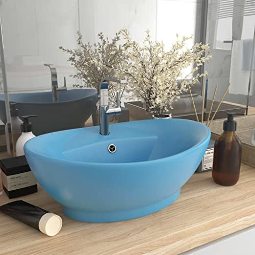 FOZICV Lavabo di lusso ovale, colore blu opaco, 58,5 x 39 x 21 cm, in ceramica, ovale, con troppopieno, lavabo da appoggio Washbasin