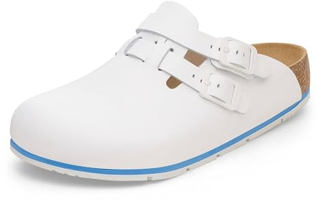 Birkenstock Damen Herren Kay Pro Hausschuhe Leder Pantoletten - Clogs - Zertifiziert nach Norm EN ISO 20347:2022 - Berufsschuhe für Medizin, Gastronomie und Service - Weiß - 46
