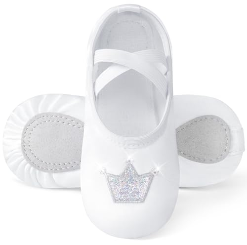 Comfyouth Scarpe da balletto da ragazza, in raso, con corona lucida, suola divisa, scarpe da ballo per bambini, senza cravatta, ballerina, bianco, 28 EU
