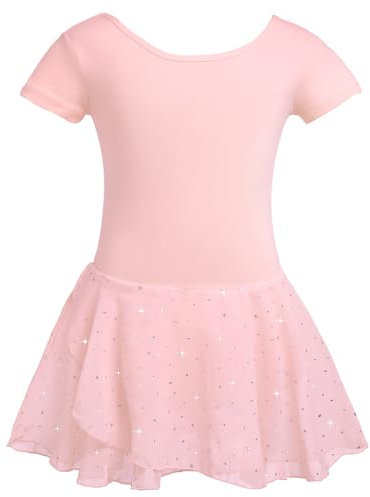 zffriction Girls Ballet Dress Shiny Sequines Ballet Outfit for Kids Toddlers Short Sleeve Gymnastics Dance Leotard with Chiffon Tutu Skirt (UK, Numeric, 140, Regular, Pink)