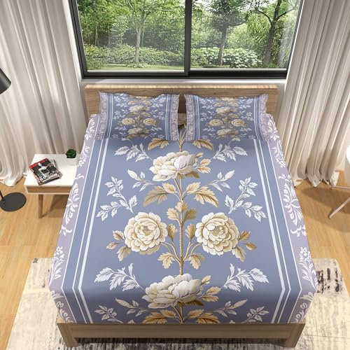 Spannbettlaken botanisches Blumenmuster Druck Spannbetttücher 90x190 Bettlaken Mikrofaser Spannbetttuch Boxspringbett - Tiefe Tasche 30 cm mit 2 Kissenbezügen für Kinder Jugendliche