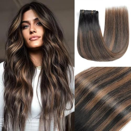 GUDOZO Clip in Extensions Echthaar 7pcs 35cm 80g Natürliches Schwarz Mit Chestnut Braun - Invisible Haarverlängerung (14 Zoll, 1B/1B/6#)