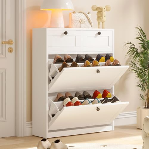 VOWNER Meuble Chaussures, Meuble de Rangement à Chaussures Armoire, Commode à Chaussures, Meuble d'entrée Rangement pour Chaussures, 80 x 100 x 24 cm, Séparateurs Réglables, pour Entrée, (Blanc)