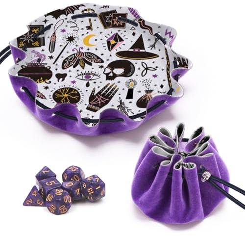 Teeloray 2 in 1 Würfelbeutel, Dice Box, DND Dice Bag, Faltbar Würfelunterlage und Würfeltasche mit Kordelzug und 7st Dice für Dungeons und Dragons RPG Würfel Gaming D&D, Andere Tischspiele