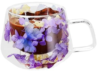MISNODE Verre à Fleurs à Double Paroi, Tasses à Café avec Poignée, Tasses à Thé, Tasse à Thé, Tasse à Lait, Tasses à Café en Verre Transparent à Double Paroi, Tasses en(A-jaune violet)