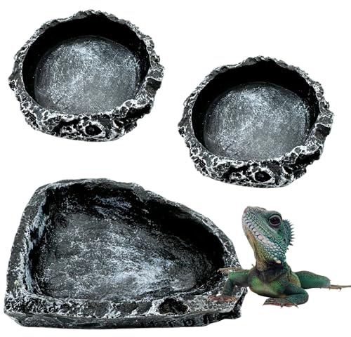 Reptile Water Dish Food Bowl, 3 Pack Reptile Feeding Bowls for Bearded Dragon Lizard Frog Gecko Tortoise Hermit Crab Snail (Black)